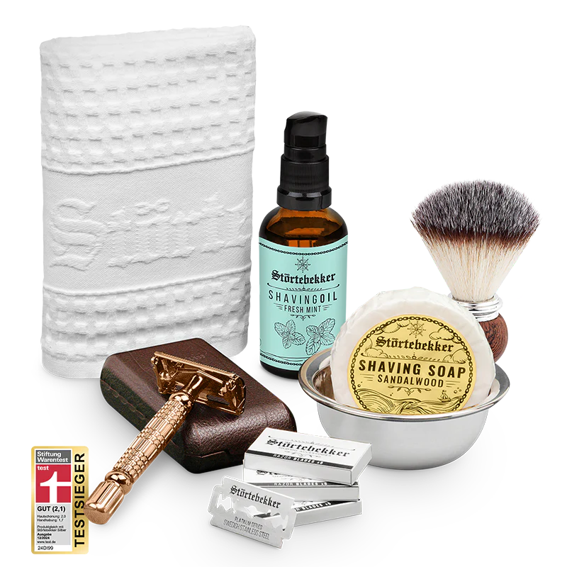 Rasurpflege Set Premium - Rasierhobel 'Hamburg' Rosé - Gold